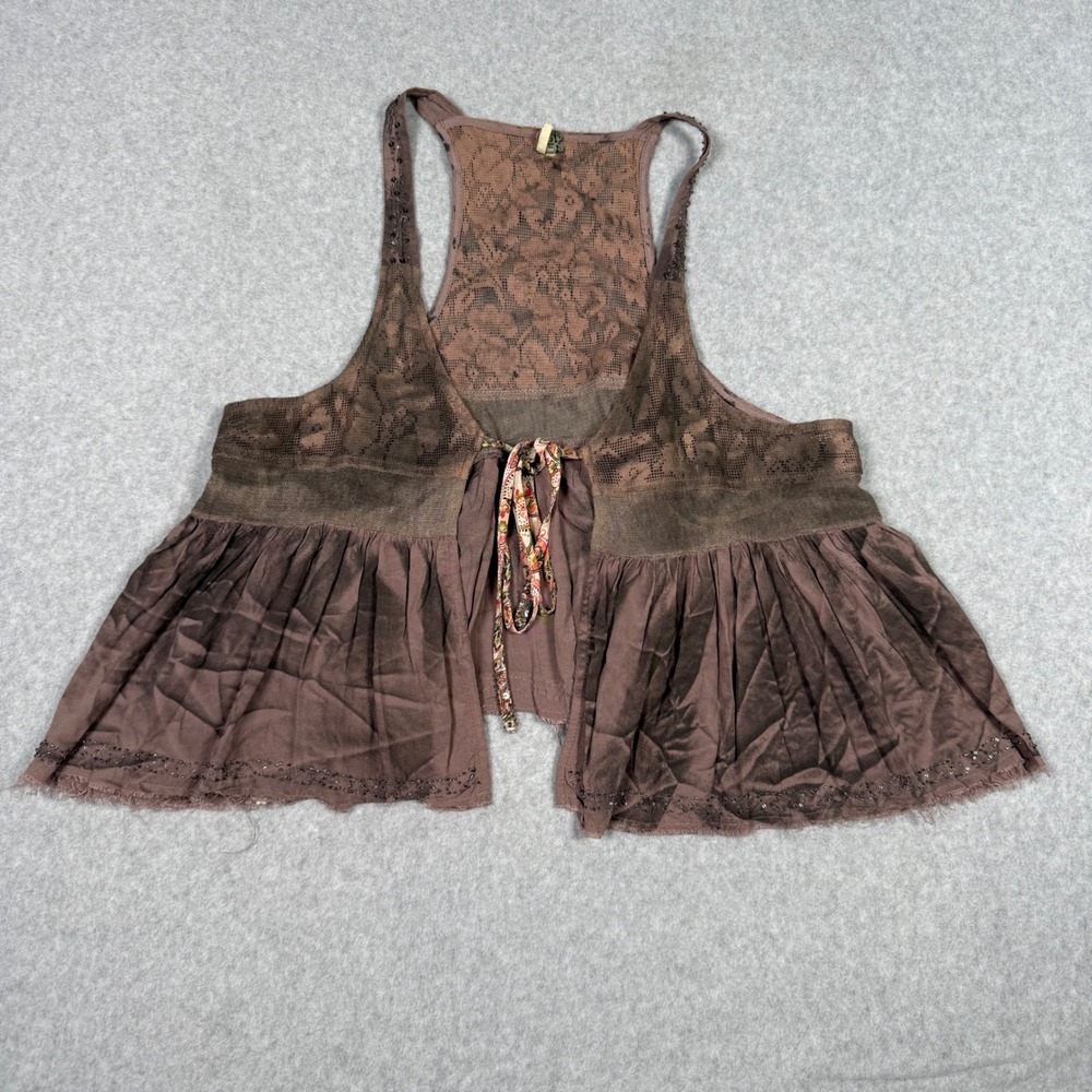 Gigi by BKE Fairy Grunge Brown Lace Ruffle Peplum Vest Beaded Boho Festival S